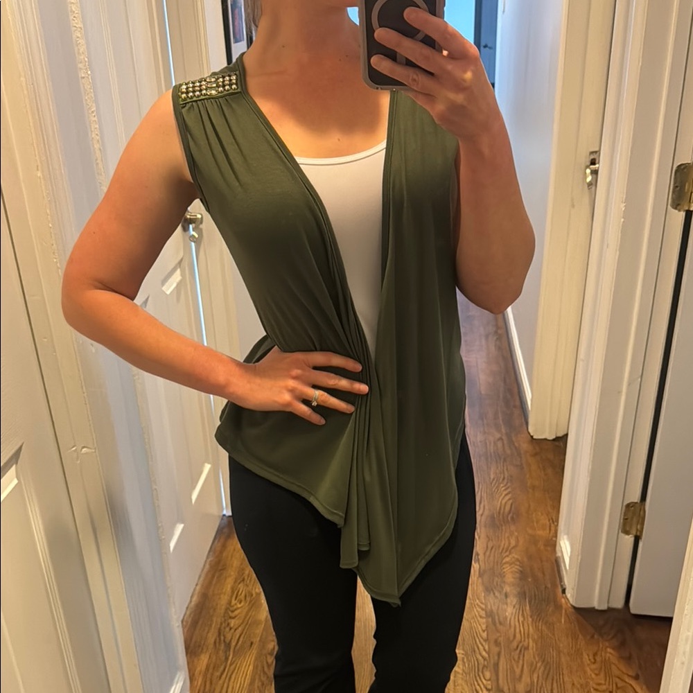 Olive Army Dark Green Sleeveless Drape Top Sweater Cardigan